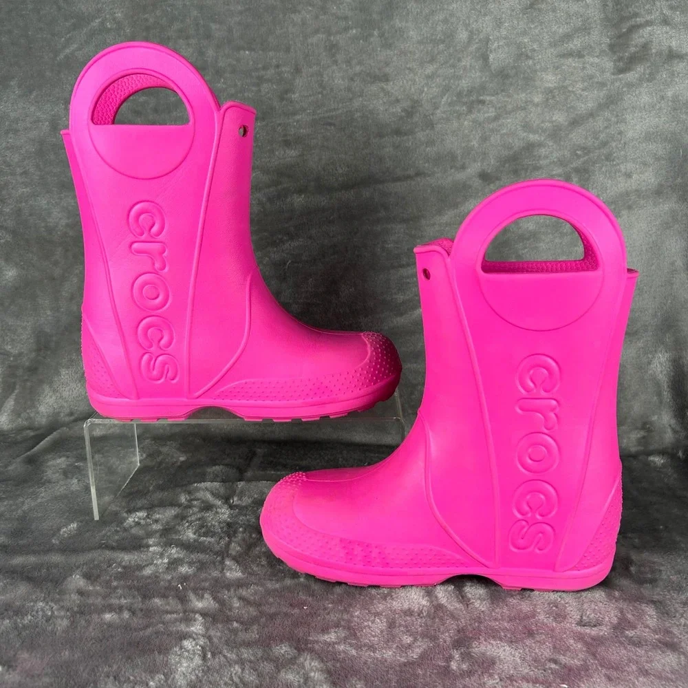 Crocs Handle It Rain Boots Kids Pink Waterproof Pull On Boots J2